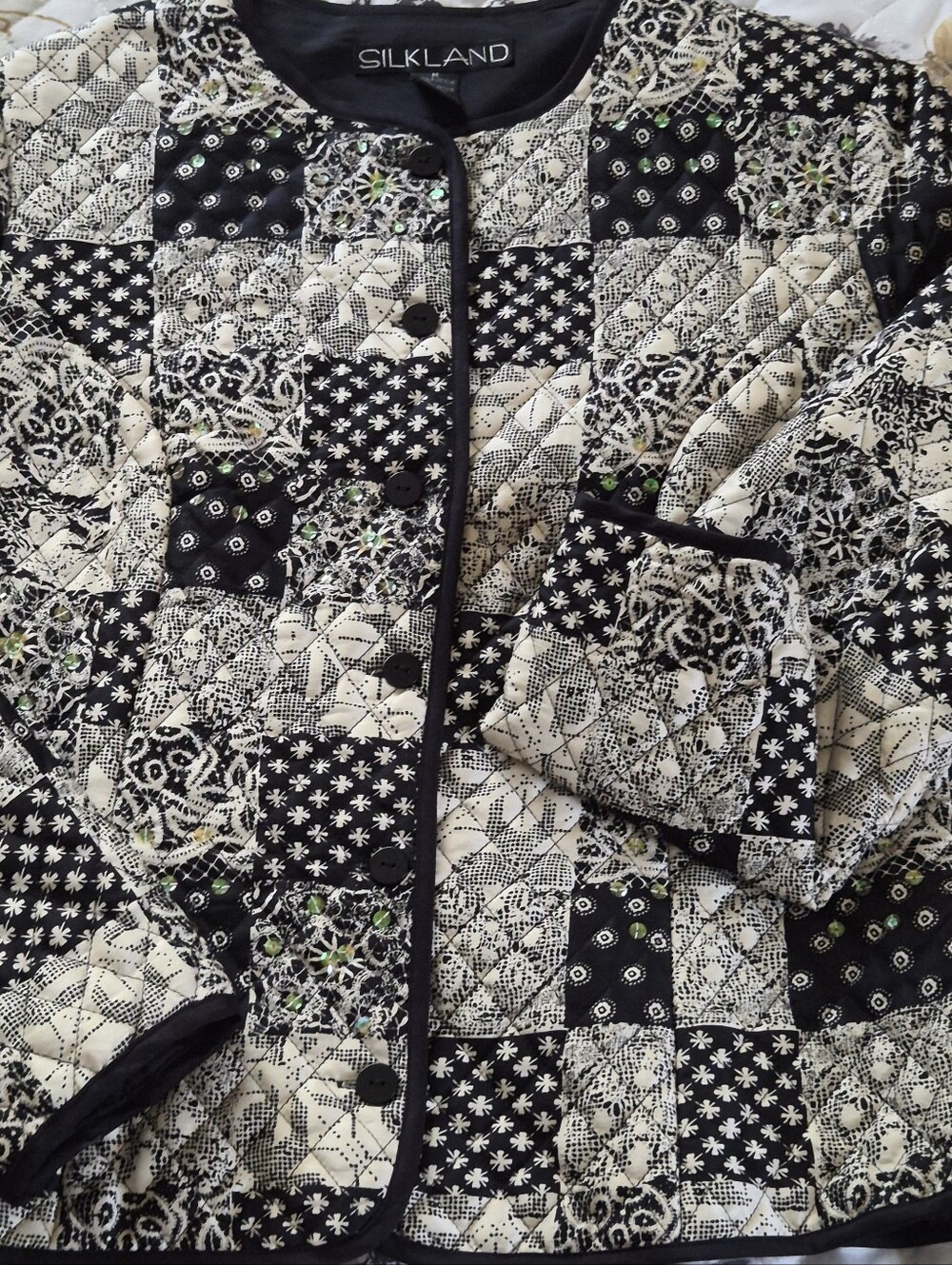 Vintage Silkland 100% Silk Quilted Patchwork Jacket - Black & Cream Sequined M